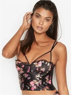 Victoria’s Secret Black Floral Very Sexy Lightly Lined Underwire Bustier 34C NWT